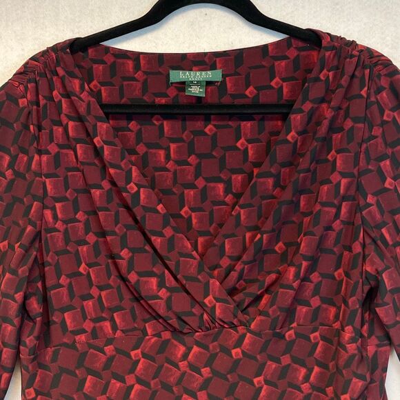 NWT LAUREN RALPH LAUREN Sheath Dress Sz 14 Red Geometric Ruched Midi 3/4 Sleeve - Picture 3 of 16